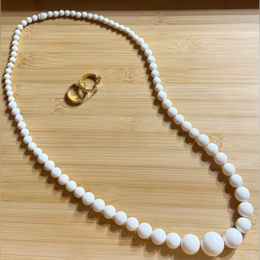 White Beaded Necklace with Monet Clip On Earrings Vintage Jewelry Bundle